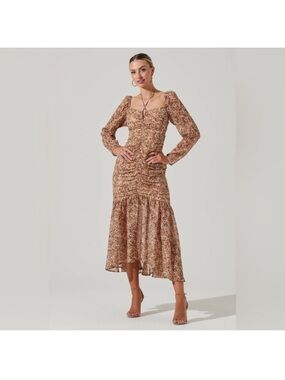 ASTR Beige Floral Puff-Sleeve Midi Dress